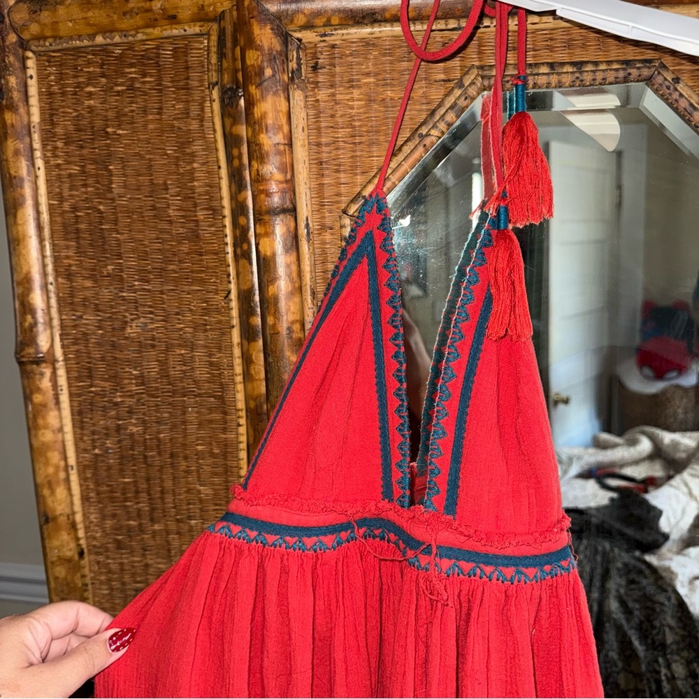 Free People Boho Rust Orange Smocked Halter Dress with Blue Embroidery